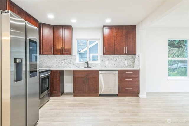 kitchen featuring light hardwood / wood-style flooring, a wealth of natural light, stainless steel appliances, and sink