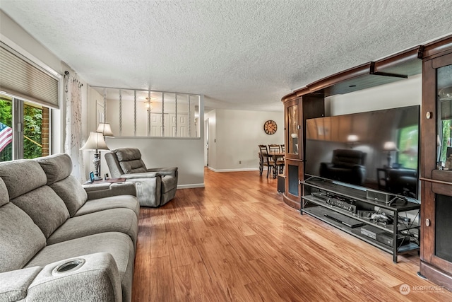 living room with hardwood / wood-style floors and a textured ceiling