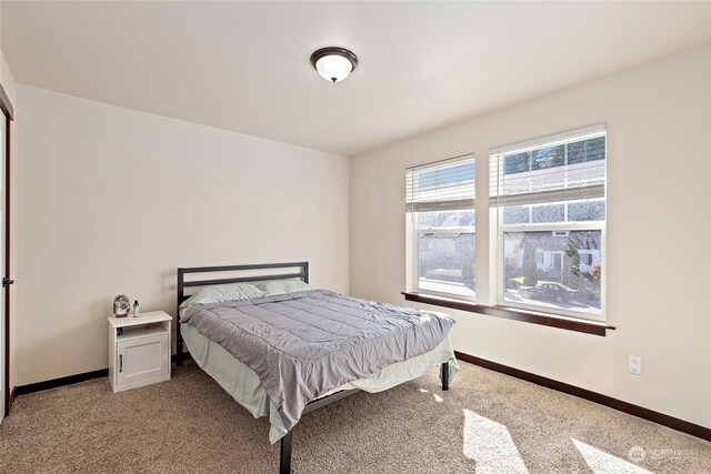 bedroom with light colored carpet