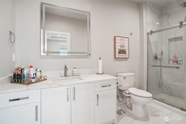 1217 S 273rd Pl, Des Moines, WA 98198 - bathroom featuring marble look tiles, toilet, a marble finish shower, and vanity