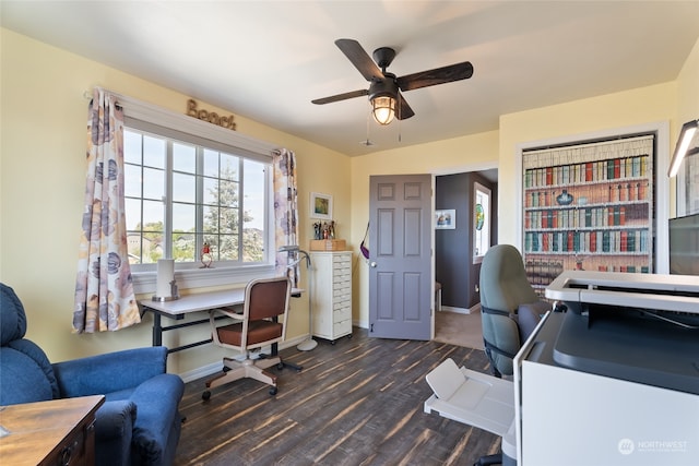 office space with ceiling fan and dark hardwood / wood-style floors