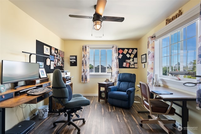 office with dark wood-type flooring and ceiling fan