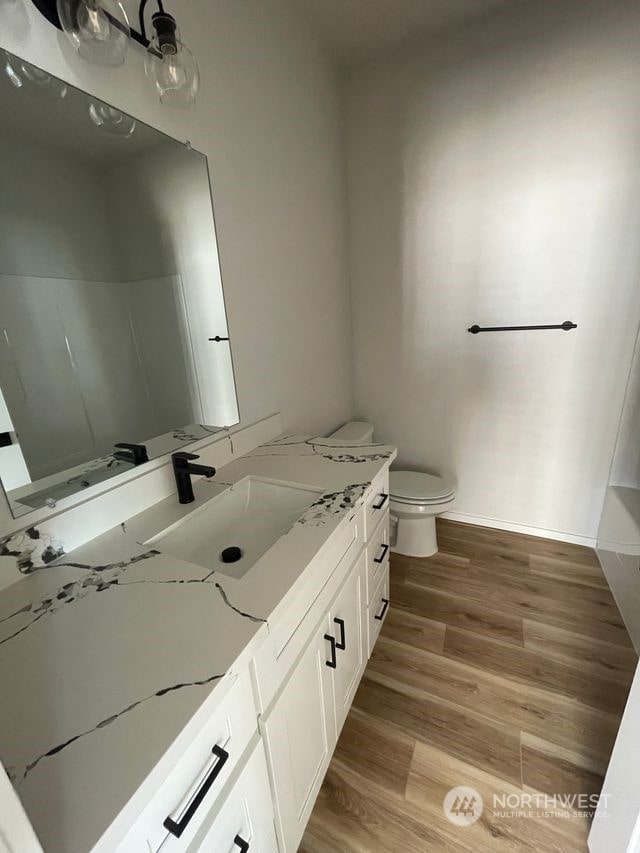 bathroom with vanity, toilet, and hardwood / wood-style flooring