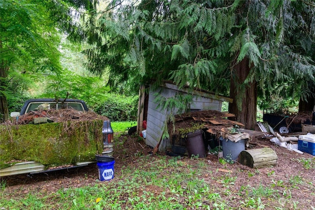 view of yard featuring a storage shed and an outbuilding