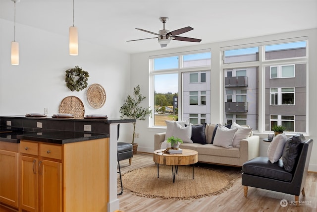 interior space with ceiling fan and light hardwood / wood-style floors