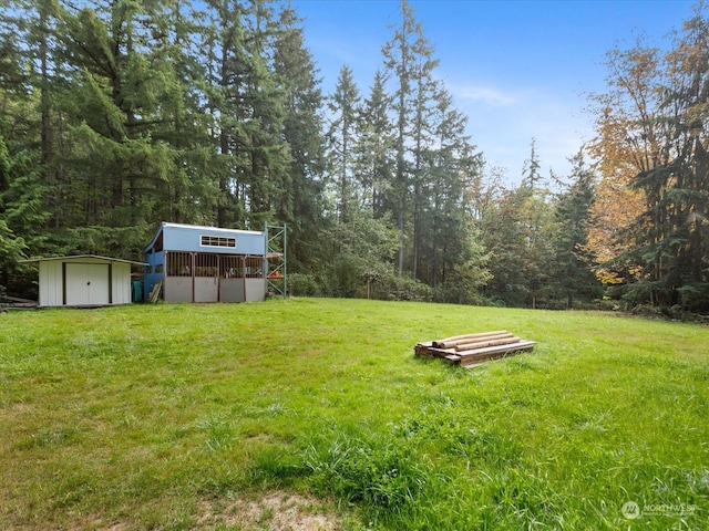 view of yard with a shed