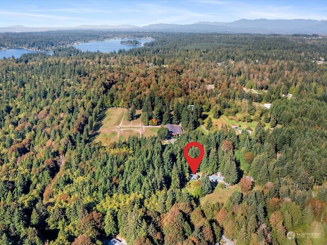 drone / aerial view with a water and mountain view