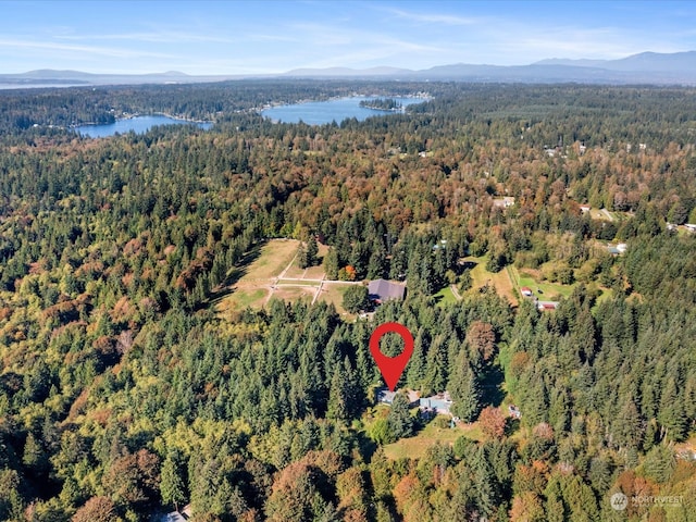 birds eye view of property with a water and mountain view