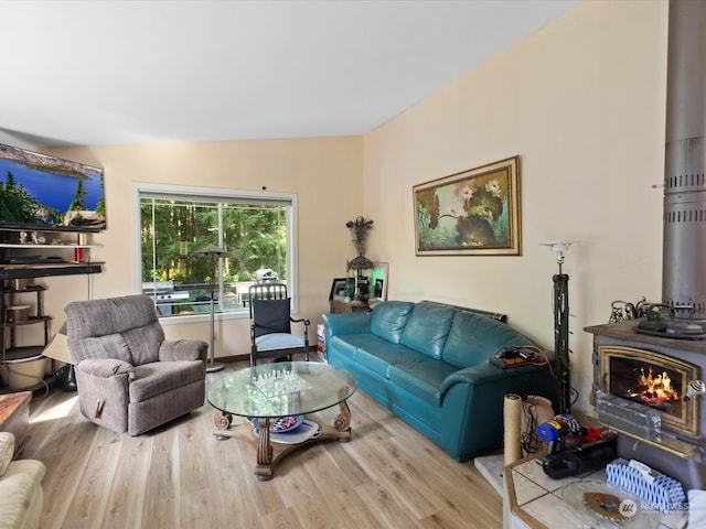 living room featuring a wood stove and hardwood / wood-style flooring