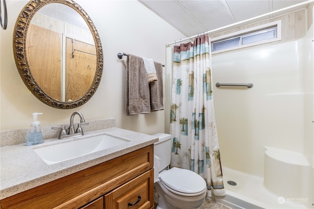 bathroom with curtained shower, toilet, and vanity