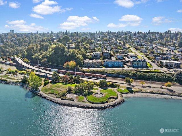 drone / aerial view featuring a water view