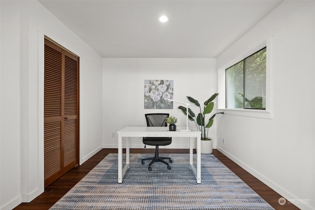 office space featuring wood finished floors, baseboards, and recessed lighting