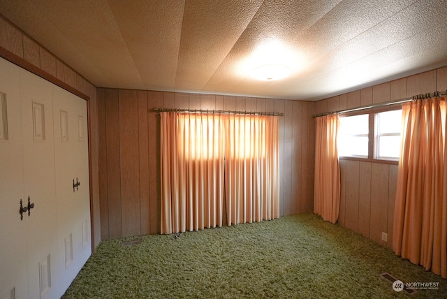 empty room with a textured ceiling, wooden walls, and carpet floors