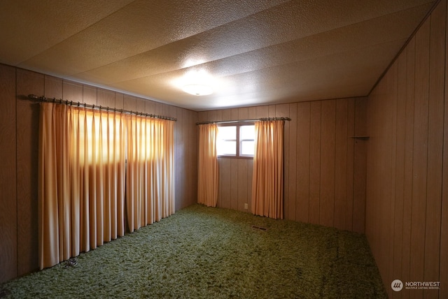 carpeted spare room with wooden walls