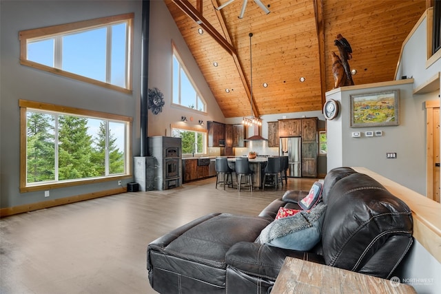 living room featuring light hardwood / wood-style floors, beamed ceiling, wood ceiling, and high vaulted ceiling