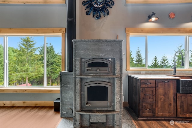 living room with sink, hardwood / wood-style floors, and plenty of natural light