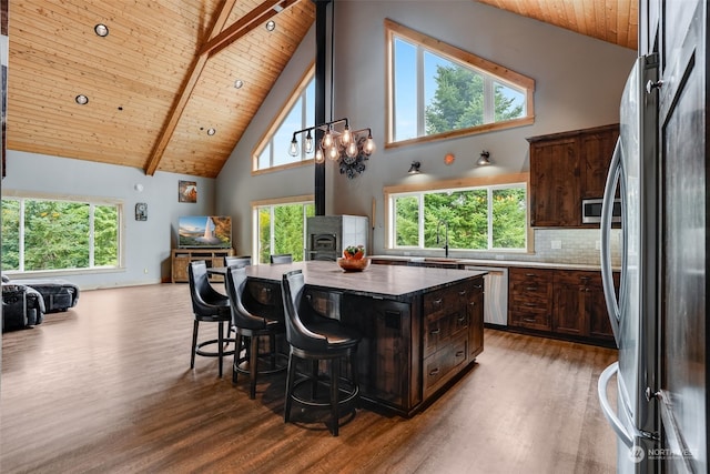 kitchen with wood-type flooring, a center island, wood ceiling, high vaulted ceiling, and appliances with stainless steel finishes