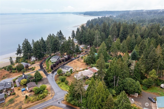 aerial view with a water view and a wooded view