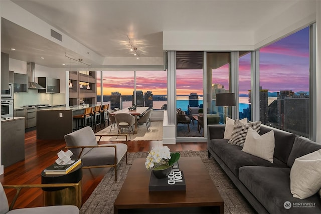 living room featuring a water view and dark hardwood / wood-style floors