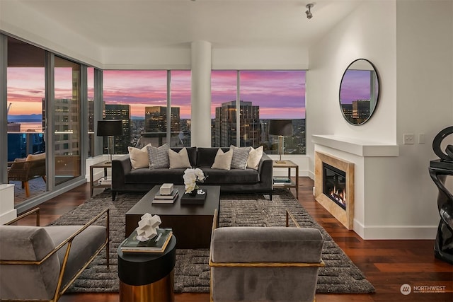 living room featuring dark hardwood / wood-style floors and a tiled fireplace