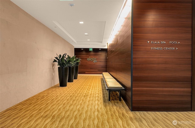 hallway with light carpet and a tray ceiling