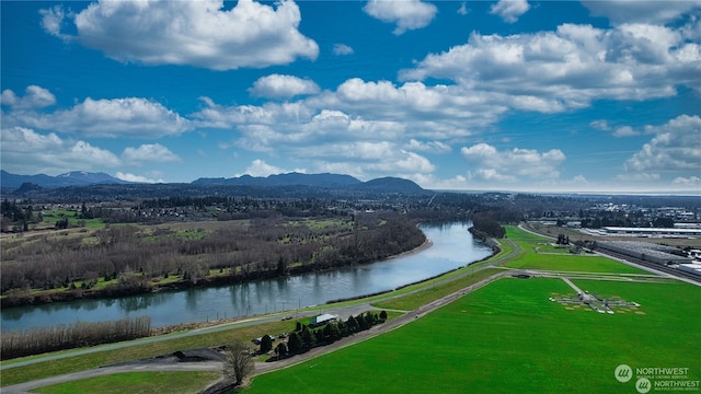 birds eye view of property with a water and mountain view