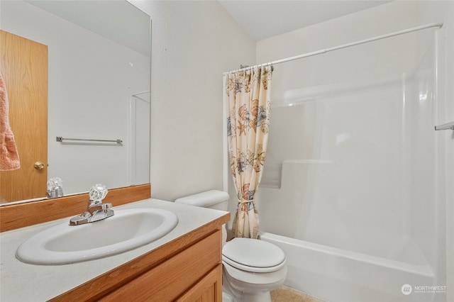 full bathroom featuring tile patterned flooring, shower / bathtub combination with curtain, toilet, and vanity