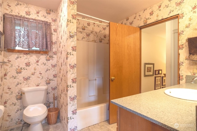 full bathroom with tile patterned floors, shower / bath combo, vanity, and toilet