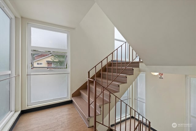 stairs with hardwood / wood-style floors