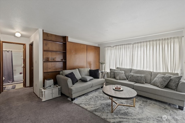 living room featuring a textured ceiling and carpet