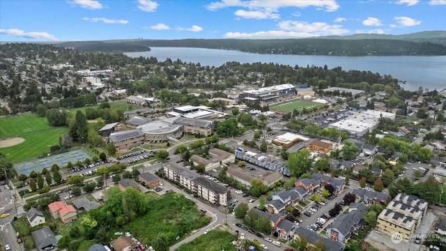 drone / aerial view with a water view