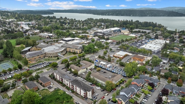 bird's eye view with a water view