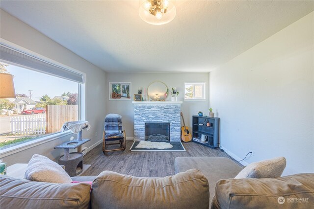 living room with wood-type flooring and a stone fireplace