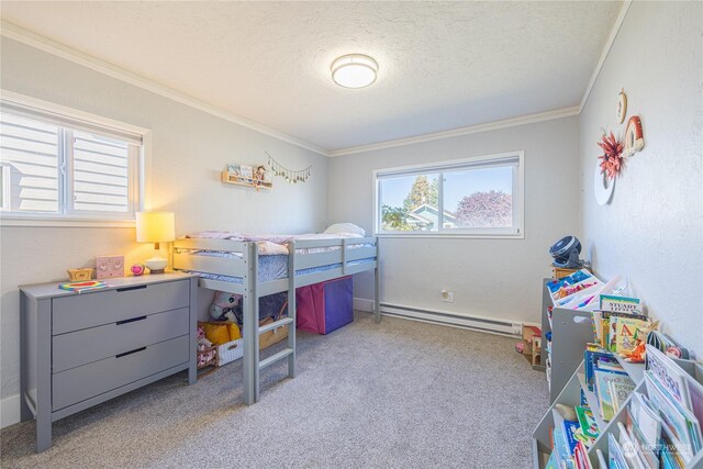 bedroom featuring a textured ceiling, crown molding, baseboard heating, and light colored carpet