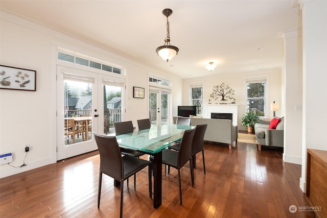 267 Compass St, Pacific Beach, WA 98571 - dining space with dark wood-type flooring, french doors, ornamental molding, and a fireplace