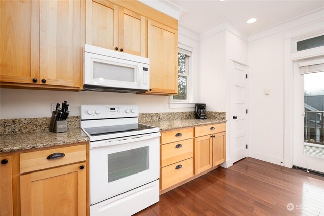 267 Compass St, Pacific Beach, WA 98571 - kitchen with ornamental molding, light brown cabinetry, and white appliances