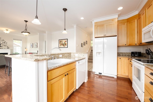 267 Compass St, Pacific Beach, WA 98571 - kitchen featuring a sink, white appliances, light brown cabinetry, and crown molding