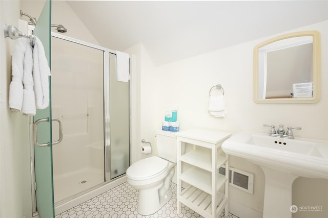 267 Compass St, Pacific Beach, WA 98571 - full bathroom with visible vents, toilet, a sink, lofted ceiling, and a stall shower