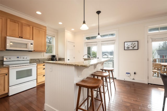 267 Compass St, Pacific Beach, WA 98571 - kitchen with ornamental molding, dark wood-style flooring, and white appliances