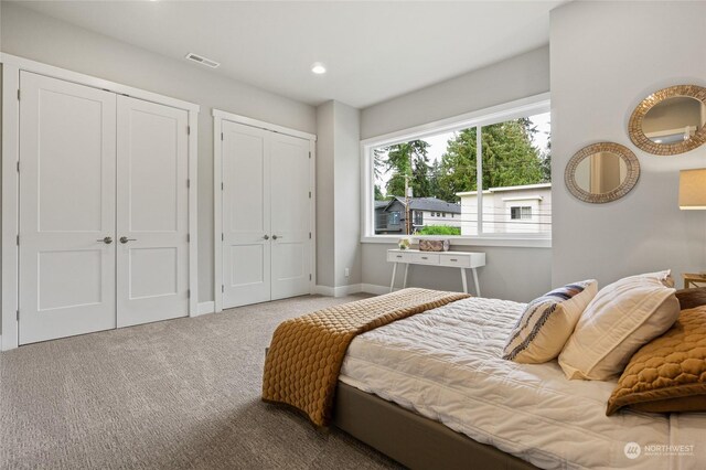 carpeted bedroom with two closets