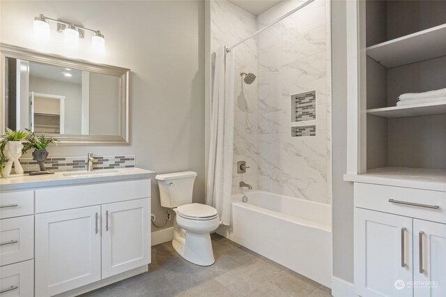 full bathroom featuring decorative backsplash, vanity, shower / bath combination with curtain, tile patterned flooring, and toilet