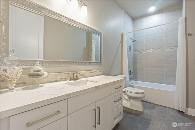 full bathroom with vanity, toilet, tasteful backsplash, shower / bathtub combination with curtain, and tile patterned flooring