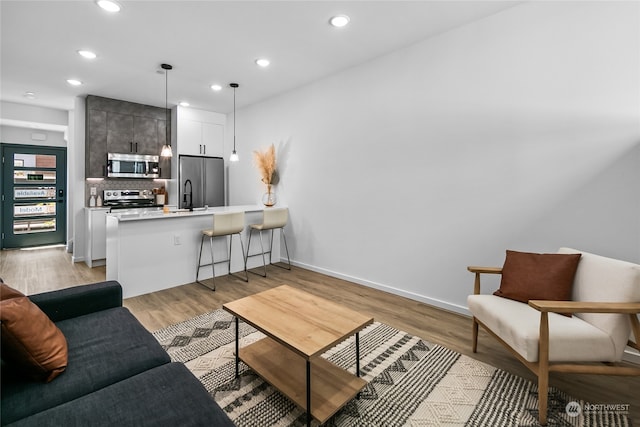 living room featuring sink and light wood-type flooring