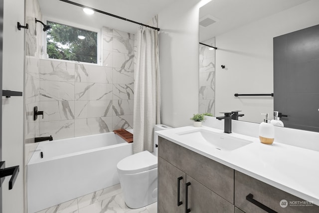 full bathroom featuring vanity, toilet, and shower / bathtub combination with curtain