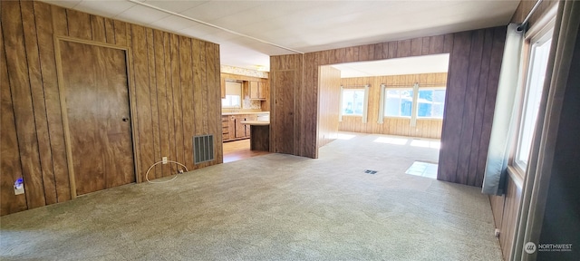 interior space with wooden walls and light colored carpet