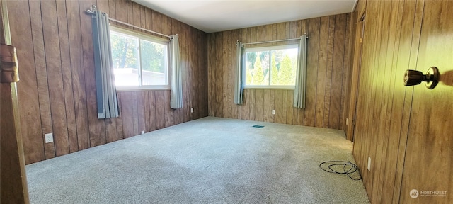 unfurnished room featuring carpet and wood walls