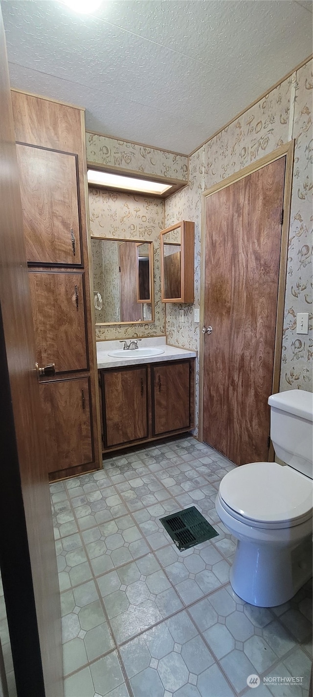 bathroom featuring vanity, toilet, and a textured ceiling