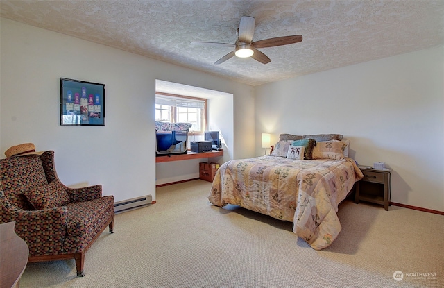 bedroom featuring light carpet, a baseboard heating unit, ceiling fan, and a textured ceiling