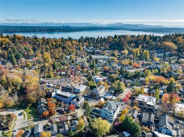 birds eye view of property with a water and mountain view