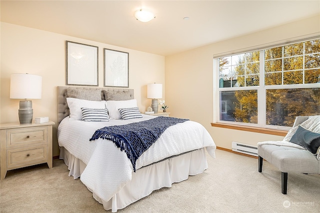 carpeted bedroom with baseboard heating